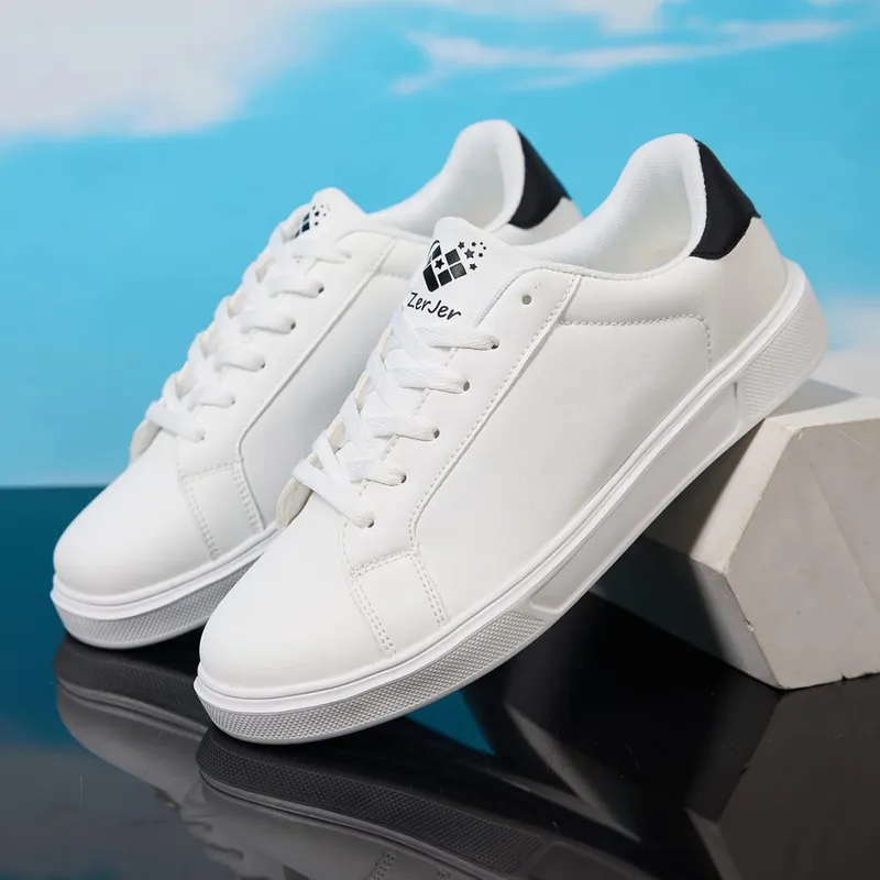 Men's White/Black Casual Leather Sneakers Low Top Lace-Up Skate Shoes Comfortable Walking Footwear