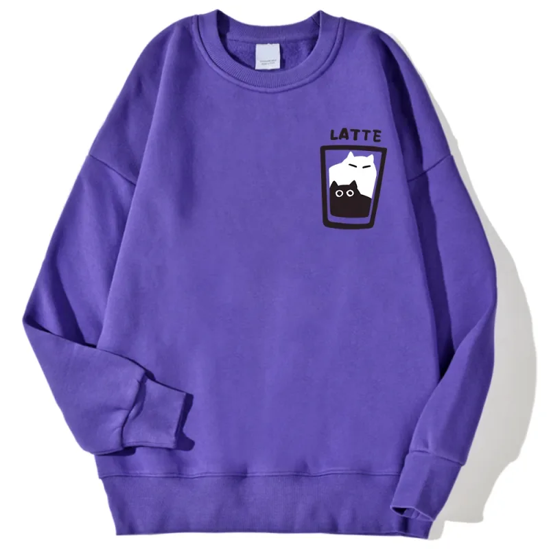 Cat Latte Cartoon Design Men Sweatshirt Fashion Casual Hooded Vintage Loose Hoodies Korean Fleece Clothing