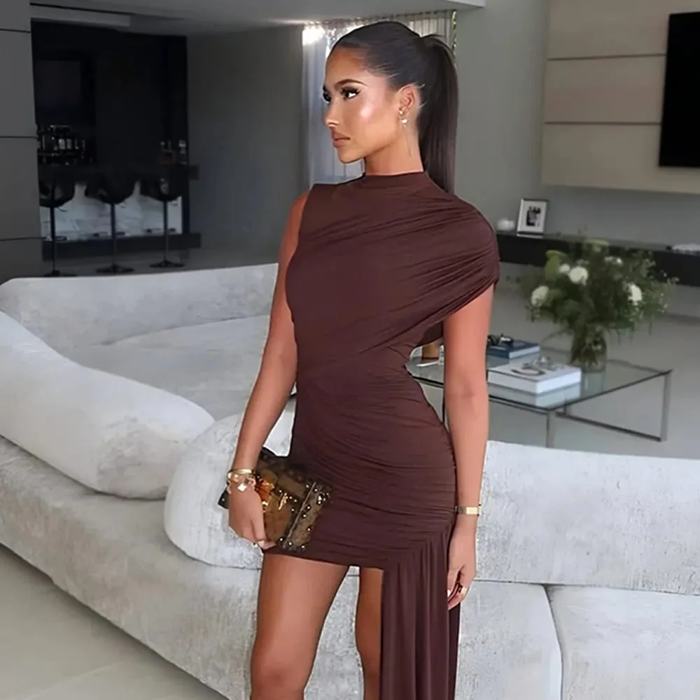 Women Fashion Irregular Pleated Tassels Mini Dress Elegant Chic Hem Dress Slim High Waist Vestido 2025streeet Party Club Dresses