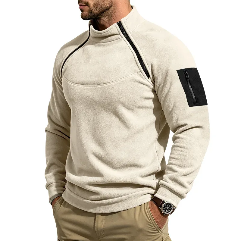 Men Fleece Stand Collar Sweatshirt Diagonal Zipper Arm Pocket Long Sleeve Loose Casual Pullover Autumn Winter Outdoor Tops
