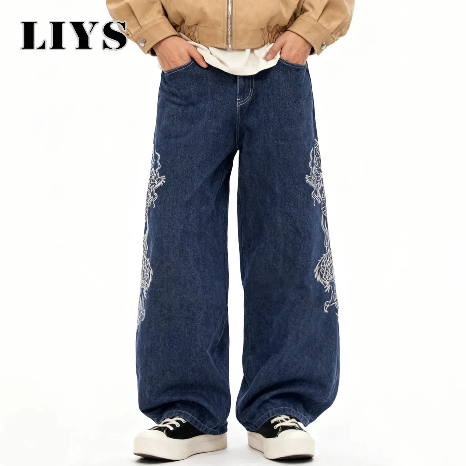 Korean Street Blue Baggy Wide Leg Men's Jeans Personalized White Dragon Pattern Embroidery Denim Pants Gothic Male Jeans Unisex