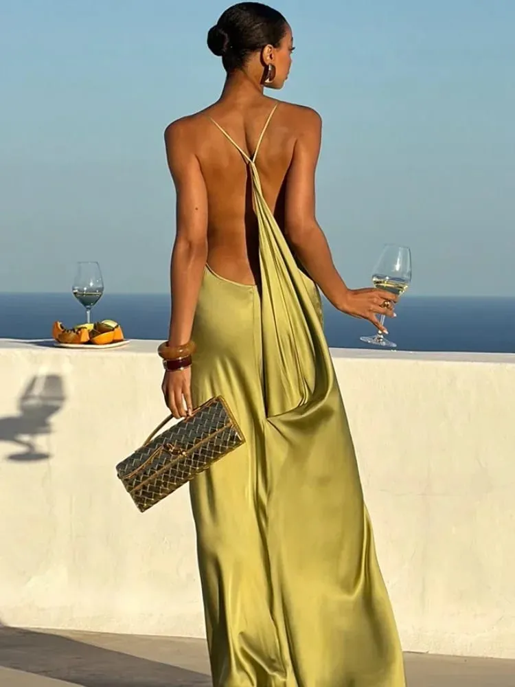 Solid Thin Spaghetti Strap Cowl Neck Slip Long Dress Women Sleeveless High Slit Slim Fitted Evening Gowns Elegant Party Outfit