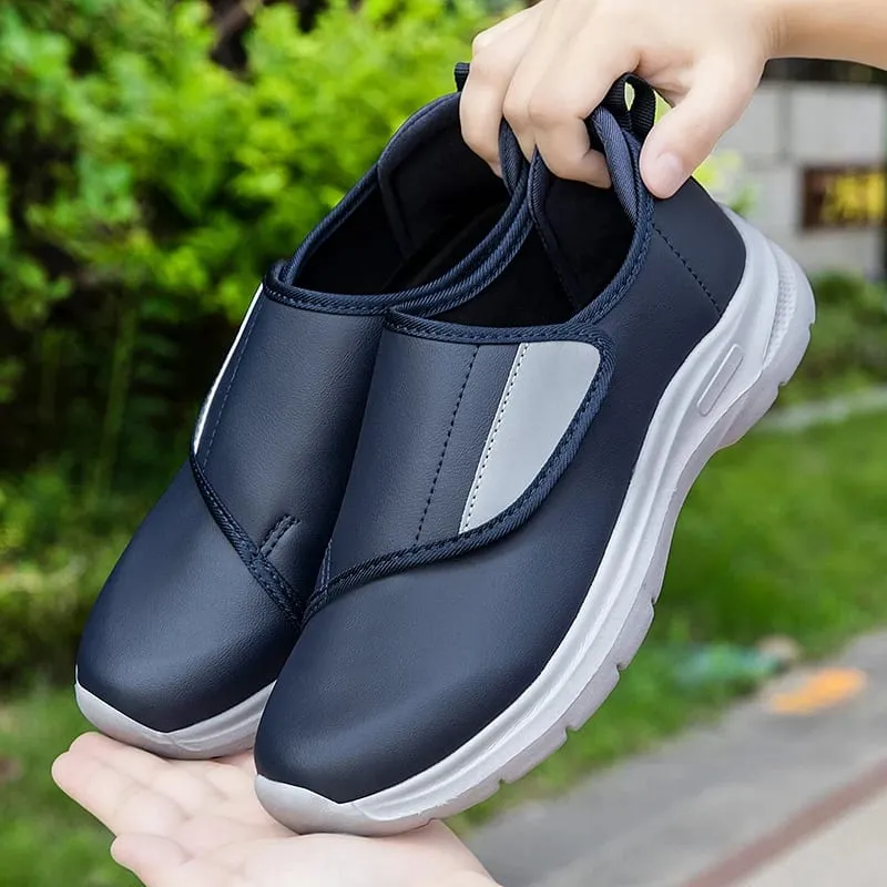 Tênis ortopédico masculino de couro para diabéticos, gancho ajustável e laço, sapatos abertos para pés inchados, sapatos confortáveis ​​para caminhada