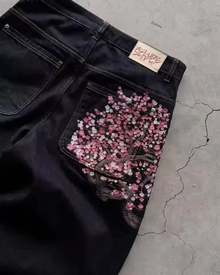 Y2K Vintage Low Waist Hip Hop Cherry Blossom Embroidered Jeans Wide Leg Trousers Clothes Mens Embroidered Baggy Jeans Womes
