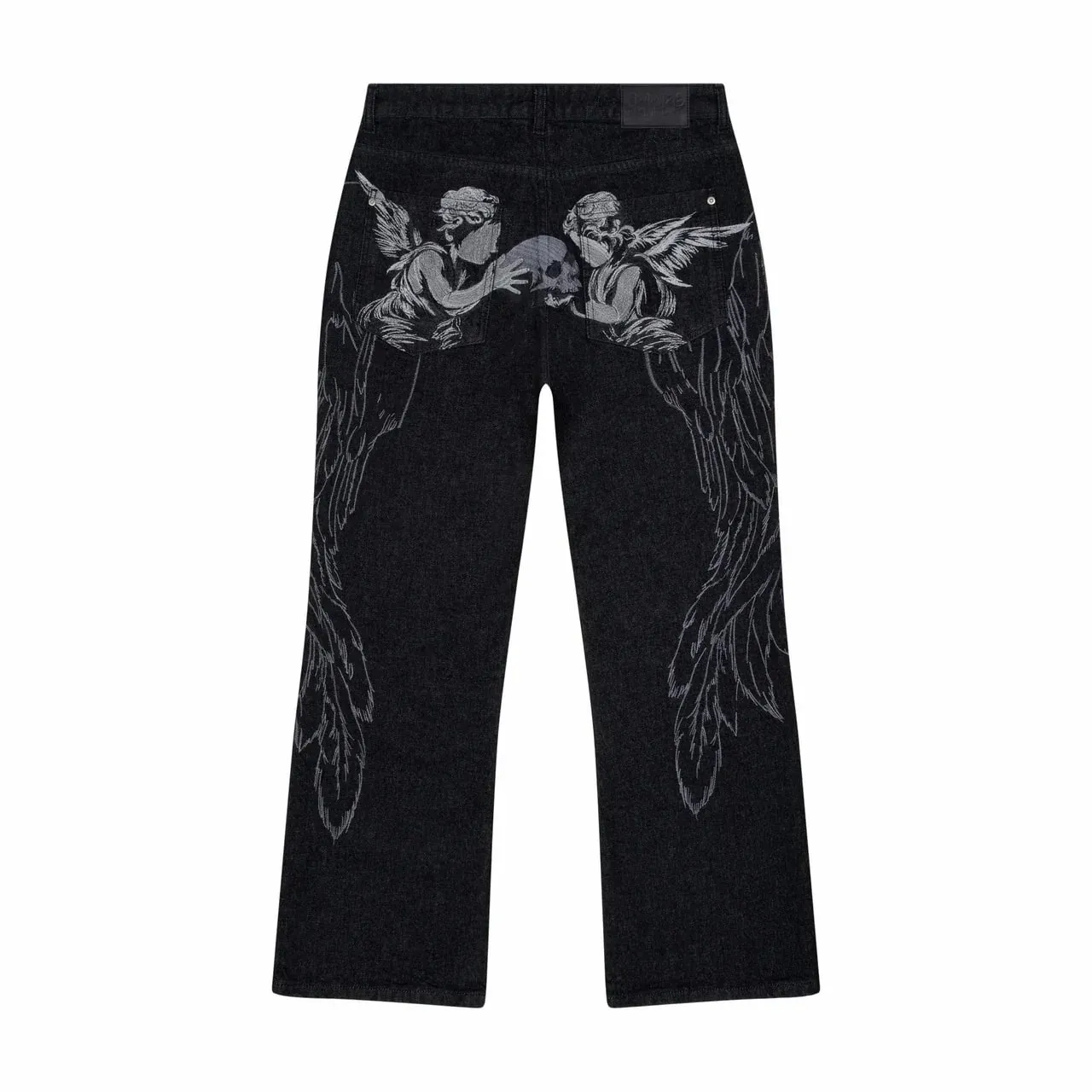 Black Winged Angel Skull Embroidered Baggy Denim Jeans Men Y2K Streetwear Vintage Oversized Cotton Casual Hip Hop Fashion Pants