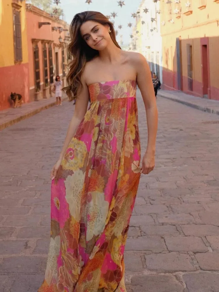 Women Fashion Printed Strapless Maxi Dress Elegant Off Shoulder Backless Sleeveless High Waist Gown Summer New Lady Party Robes