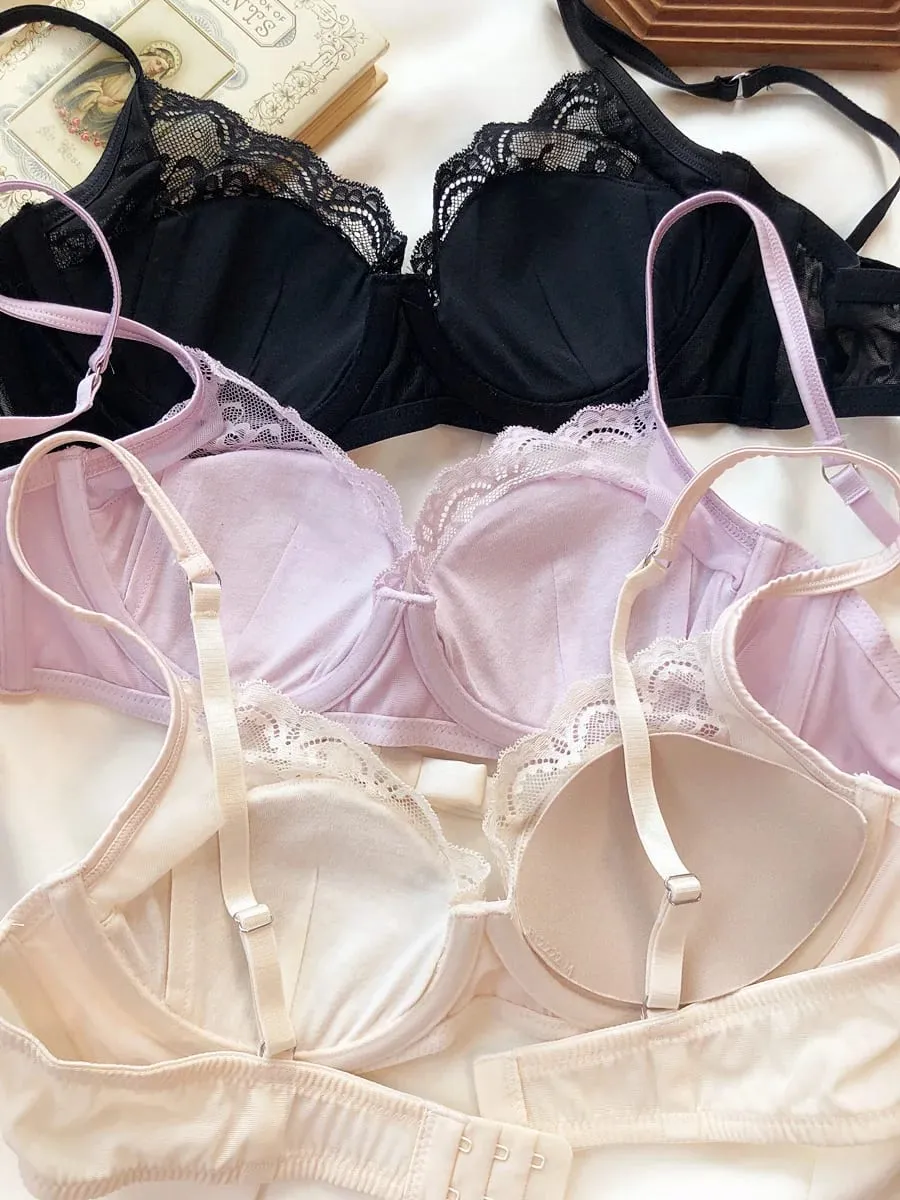 Lace satin thin section of large breasts show small gathered lingerie soft steel ring underwear set women sweet bra