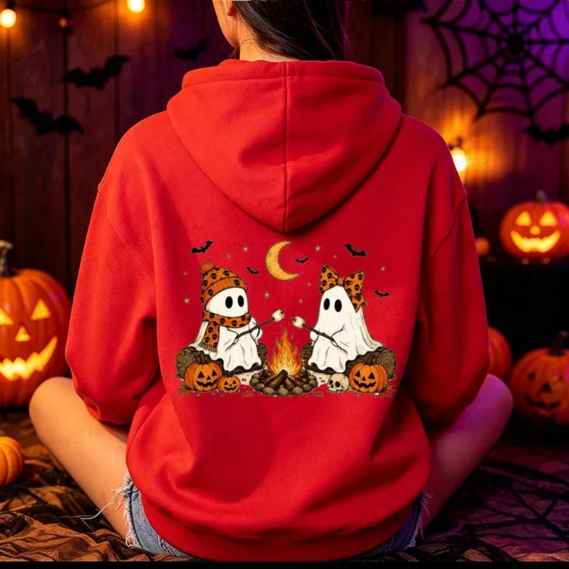 Halloween-Cute-Ghost-Camping-Fall Men's Women Hoodies Vintage Sweatshirts Fall Pumpkin Hooded Hoodies Spooky Season Sportwears