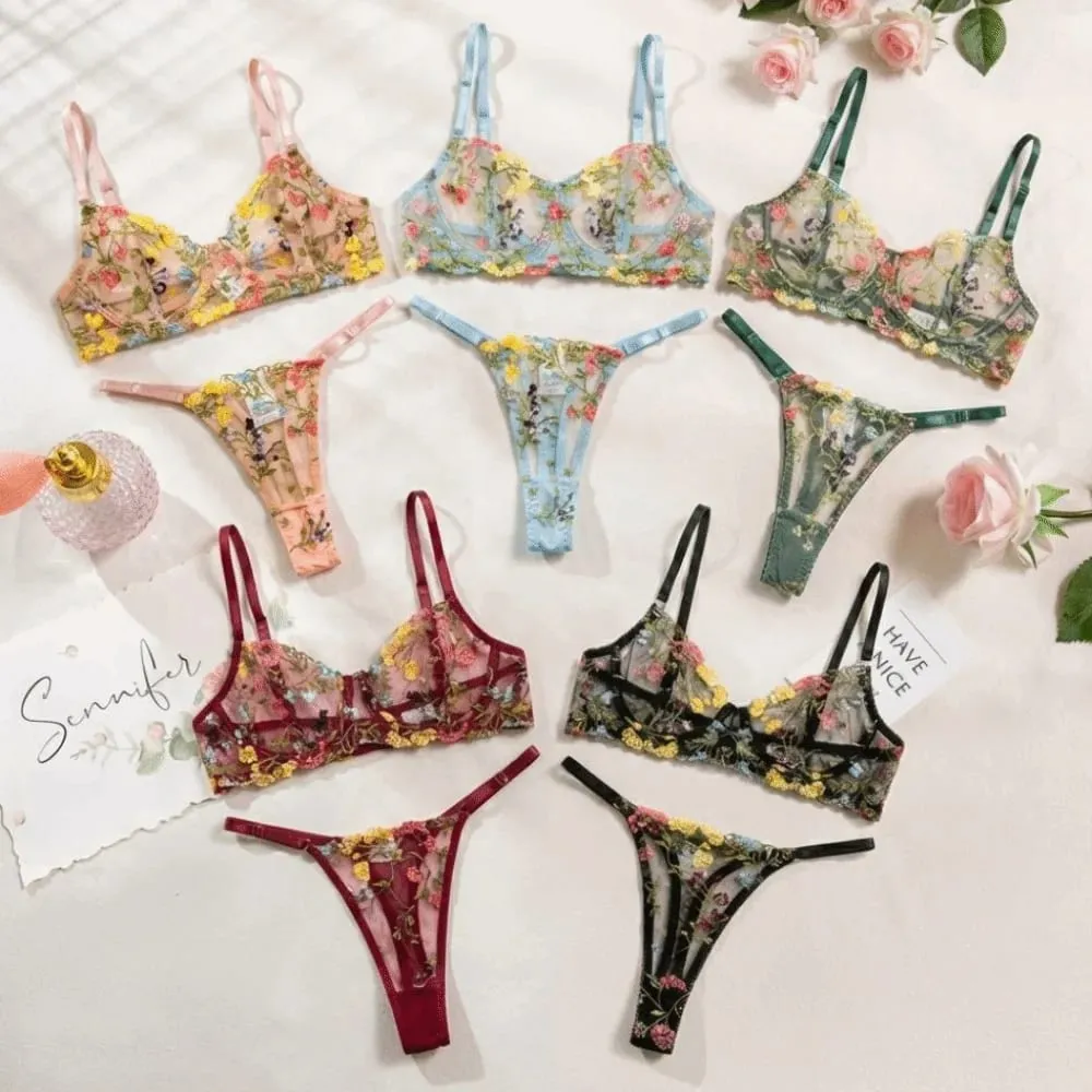 2-Piece Floral Lingerie Set Embroidery Sheer Underwear Intimates Versatile Underwire Push-up Bra Panty Set For Lady Girl