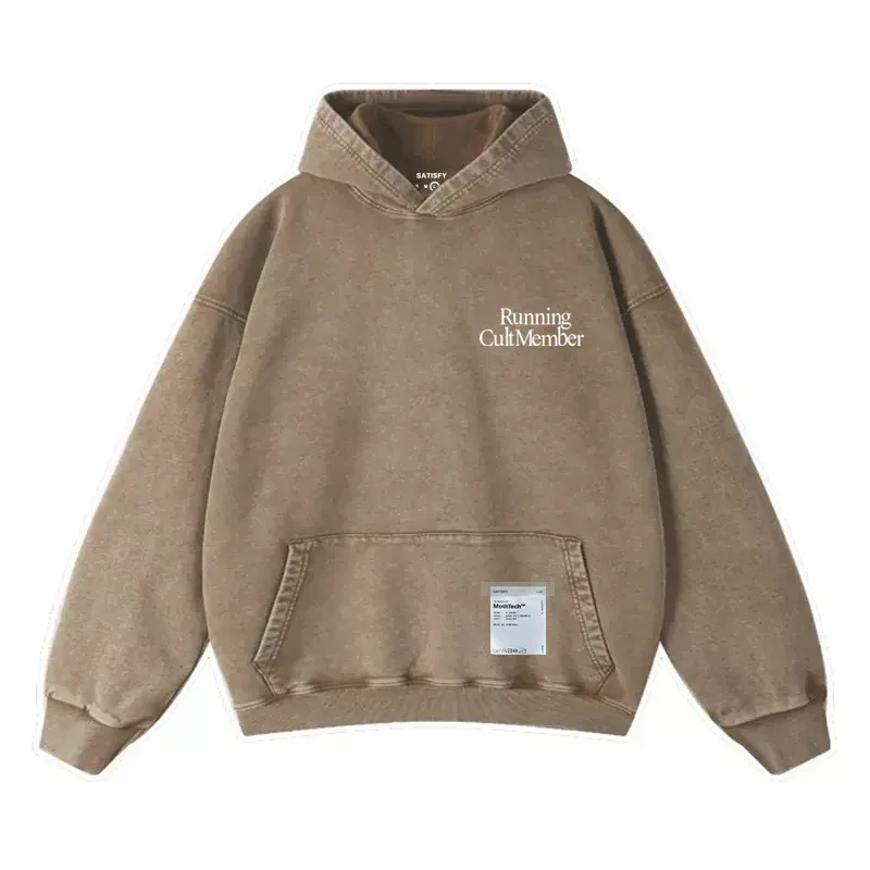 Elf-Adhesive SATISFY Flocking Print Hoodie Sweatshirt Jacket Street Style Loose Fit Long Sleeve for Young Men And Women