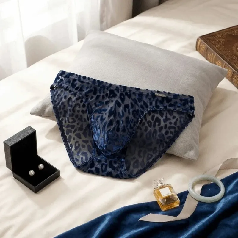 Comfortable Ice Silk Men Briefs Mesh Low Waist Sheer Underwear Convex Pouch Transparent Leopard Print Panties Date Night