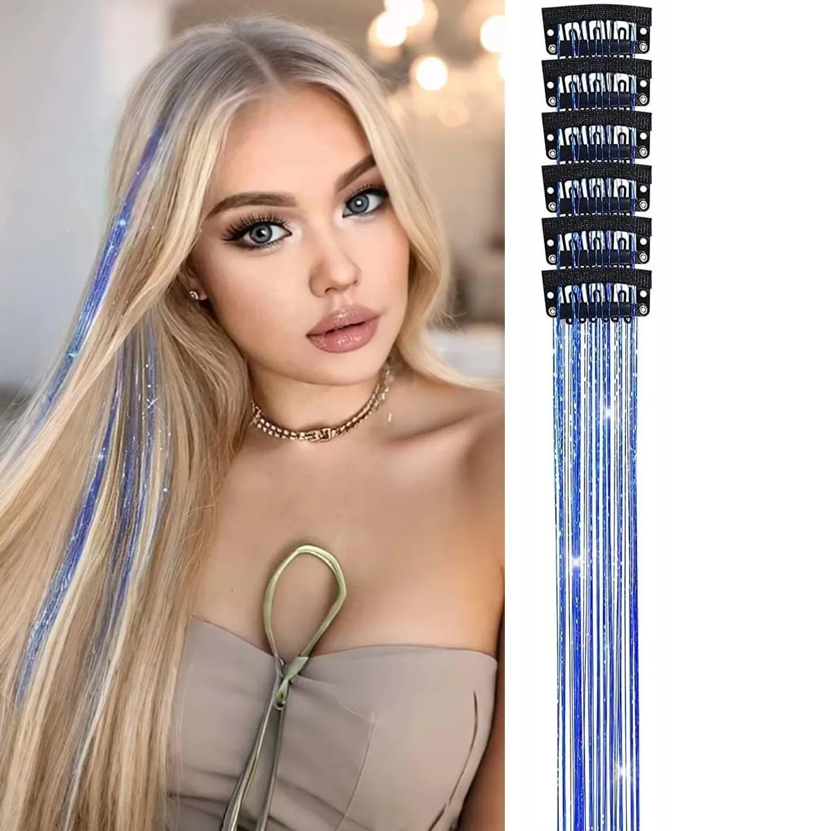 Hair Tinsel Pack of 6 Pcs Hair Tinsel Clip in Glitter Tinsel Hair Extensions Synthetic Hair Tinsel Kit Party Festival Fairy Hair