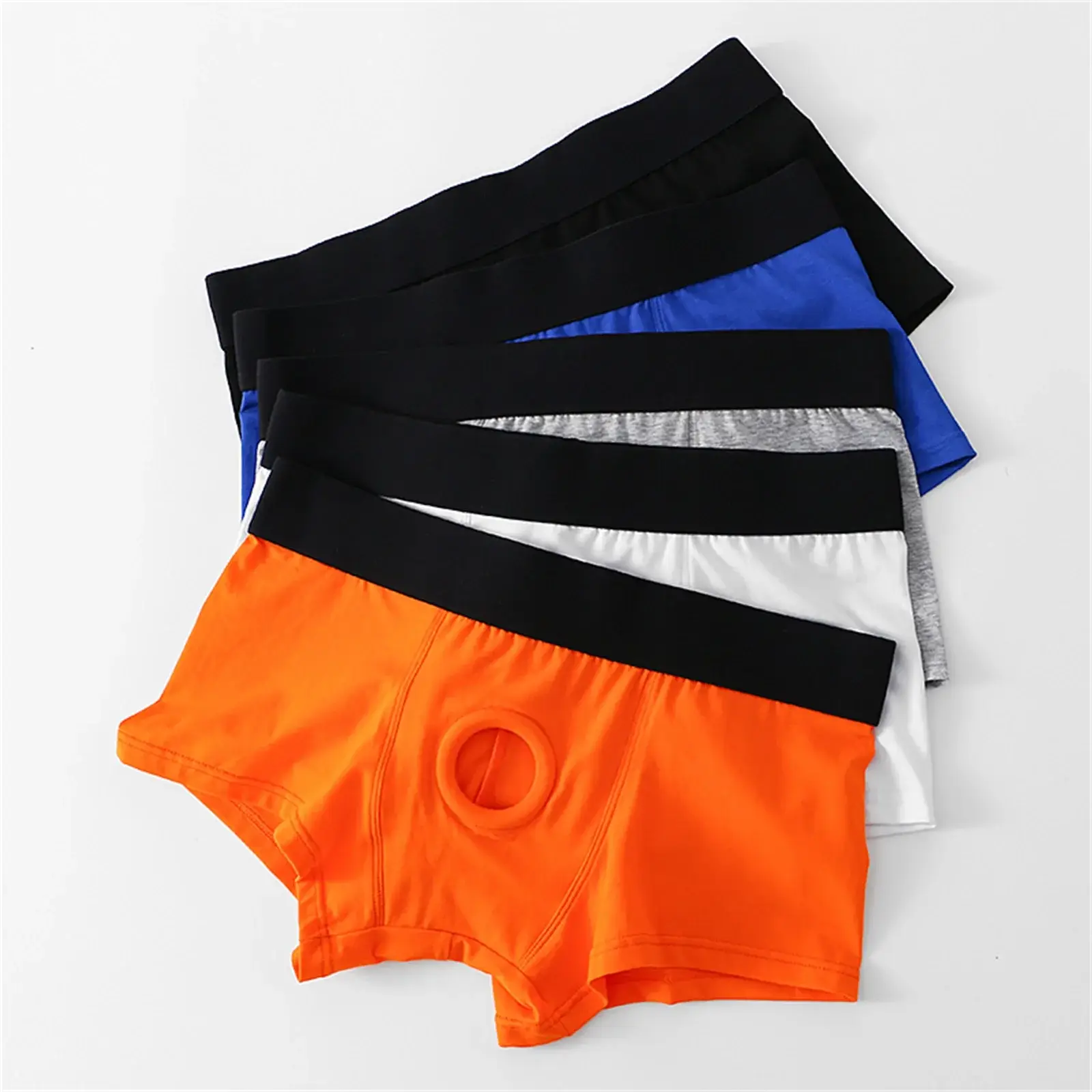 남자 복서 전면 구멍 주머니 속옷 실리콘 Cockring 섹시한 Boxershorts 넓은 허리띠 코튼 속옷 속이 빈 란제리