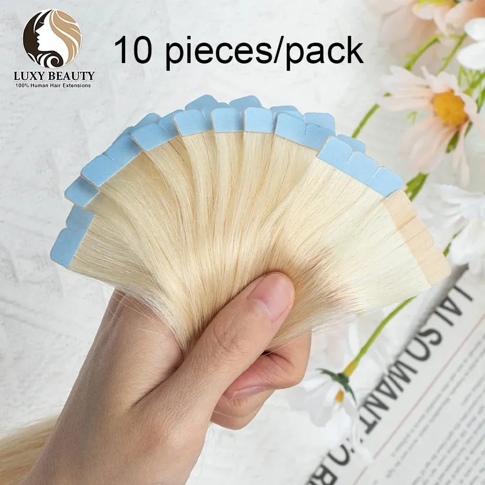 Blonde Mini-Tape-in-Haarverlängerungen, Echthaar, natürlich, glatt, schwarz, braun, doppelseitig, nahtlos, PU-Hautschuss-Tape-Ins, 10 Stück — image 2
