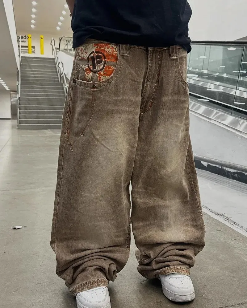 Y2K American Fashion New Oversize Letter Embroidered Yellow Washed Baggy Jeans Men Vintage Gothic Popular Casual Wide-leg Pants