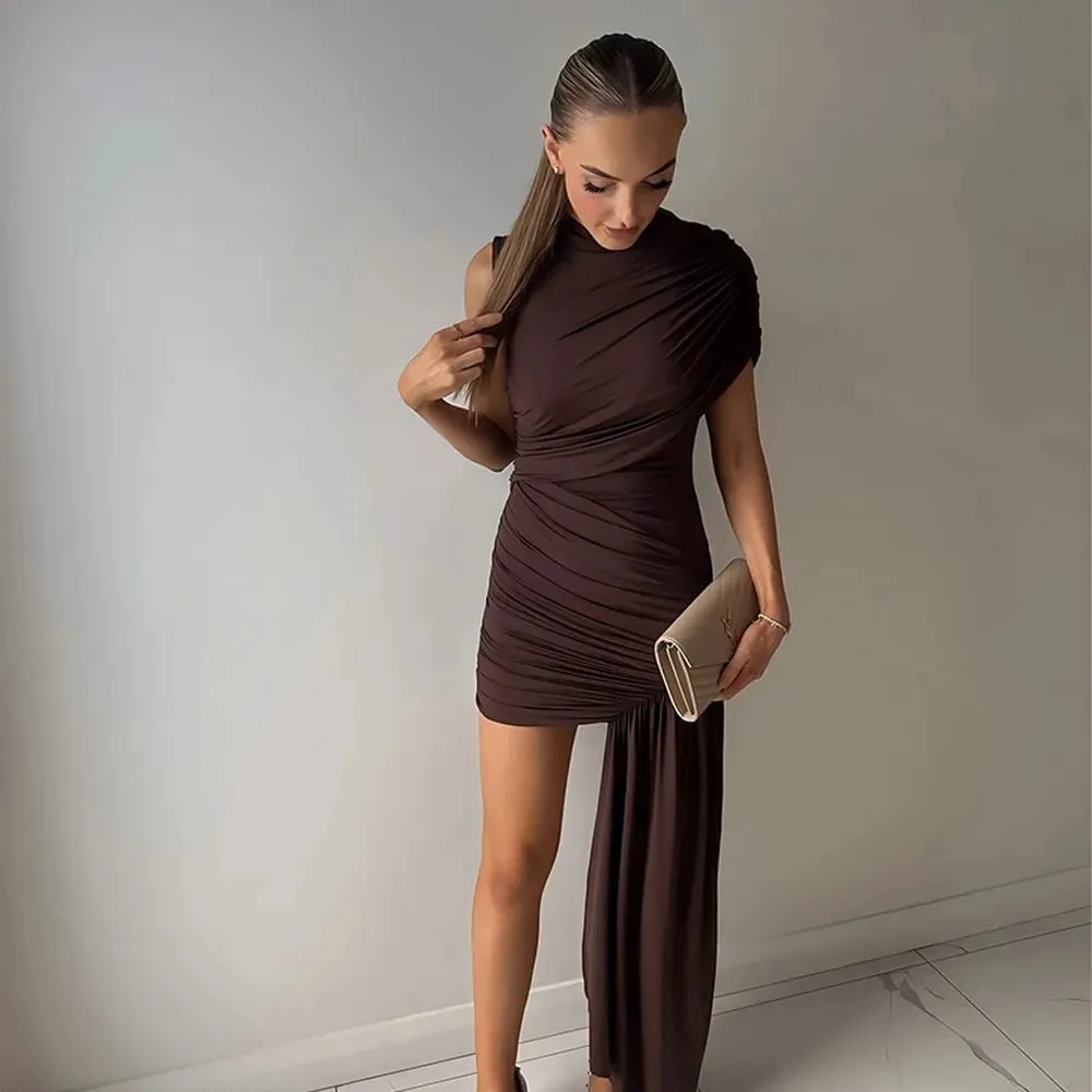 Women Fashion Irregular Pleated Tassels Mini Dress Elegant Chic Hem Dress Slim High Waist Vestido 2025streeet Party Club Dresses