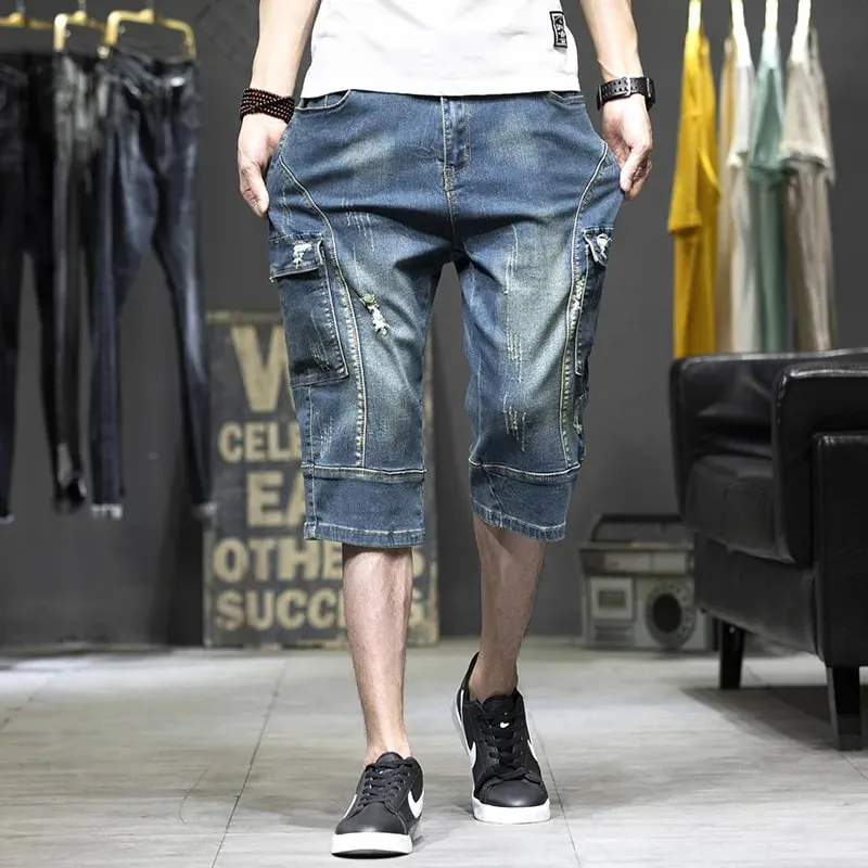 Cargo Man Denim Shorts Knee Length Half Long Bermuda Short Jeans Pants for Men with Pockets Blue Luxury Jorts Thin Streetwear