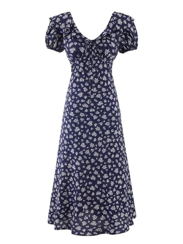 Chu Sau beauty Damen Neue Mode Süße Polka Dot Print Chic Rüschen Midikleid Französisch V-Ausschnitt Puffärmel Vintage Partykleider