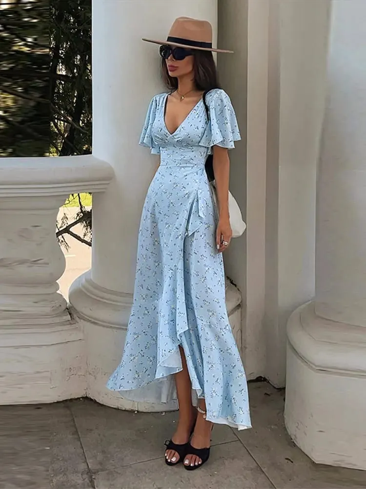 Fashion Printed Women's Dress Short Sleeve V-Neck Ruffle Waist-Closed Side Split Floral Dresses 2026 Summer Elegant Female Robe