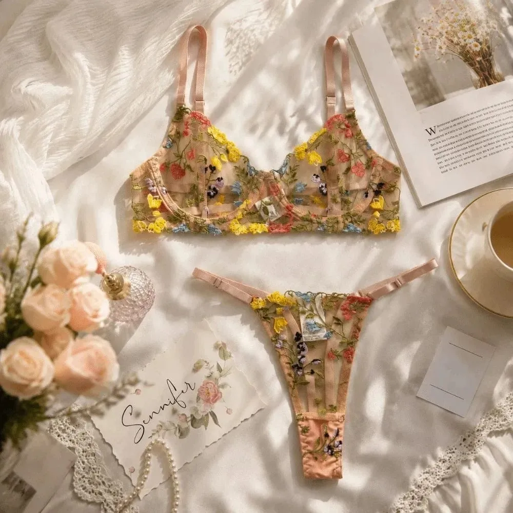 Versatile Transparent Lingerie Set Ultra-thin Elegant Panties Bra Set Push Up Embroidery Floral Underwear Honeymoon