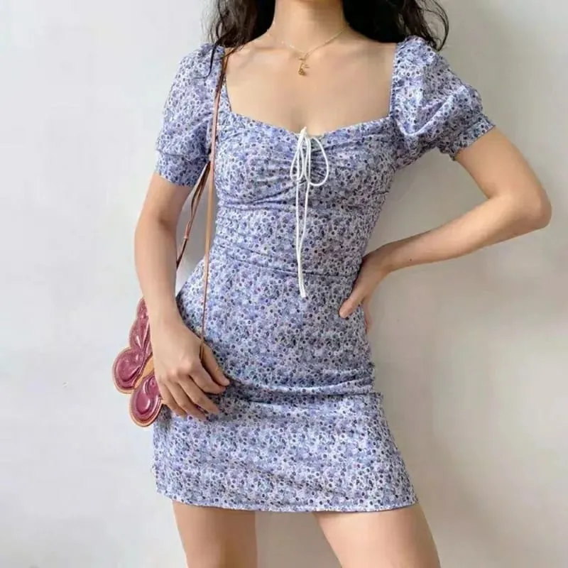 Women Summer Floral Puff Sleeve Dress Girls School Tie-Waist Slimming Short Dress Woman Casual Dress Teen Ladies Beach Vacation