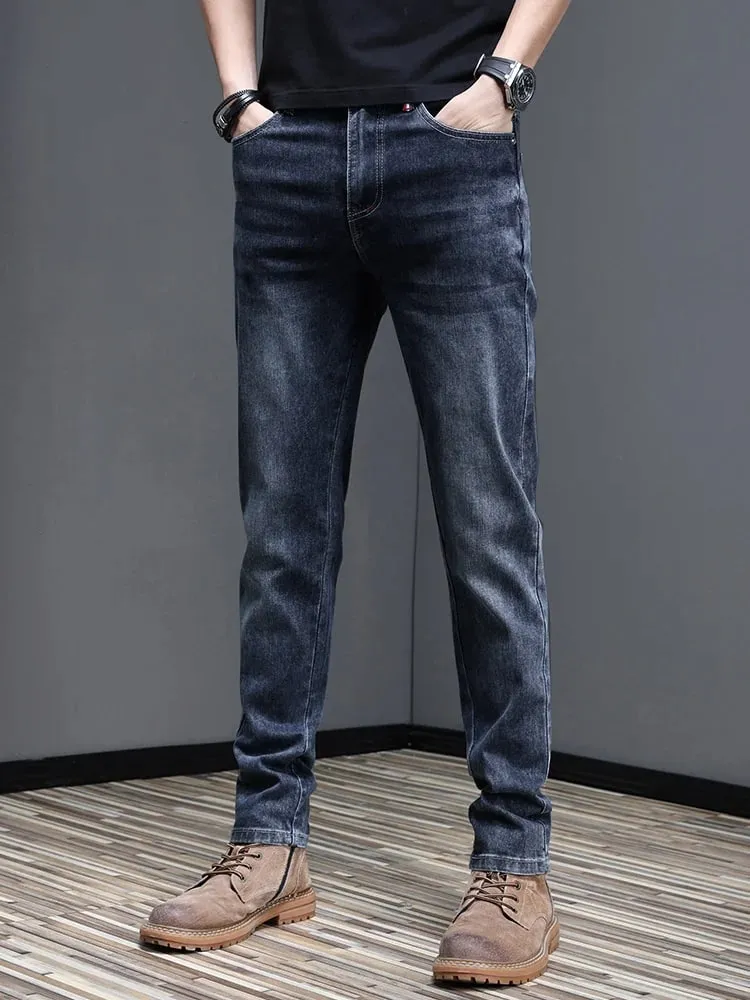 Men's New Stylish Embroidered Back Pocket Slim Fit Stretchy Jeans European Style Versatile Long Trousers
