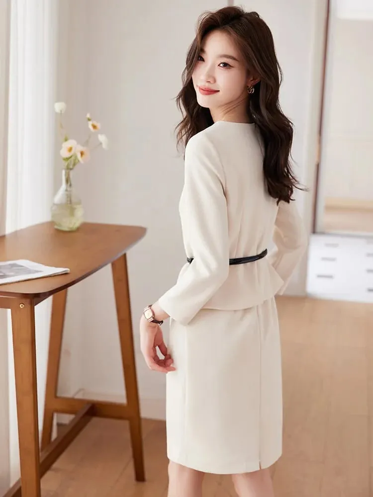 Elegant Spring Autumn Women Dress With Belt New Professional Navy Blue Formal Long Sleeve Slim Temperament Office Ladies Dresses