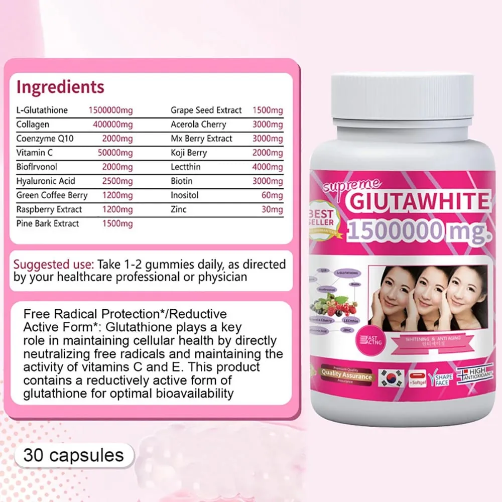 Gluta White 1500000mg Skin Whitening & Antioxidant Detox Supplement for Women & Men Aging Defense Blood Balance Immune Health