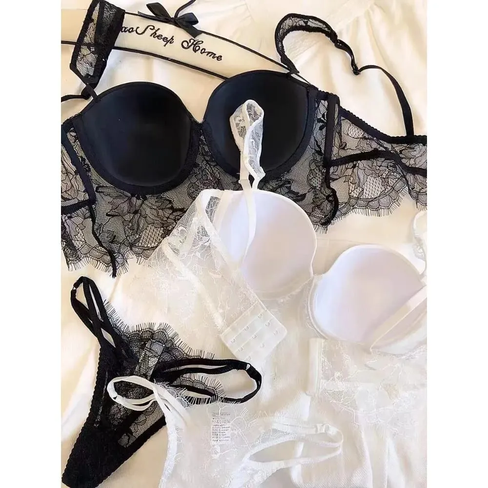 Elegant Ladies Deep U‑Back Lace Lingerie Set Soft Underwire Thin Cup Push‑Up Sheer Lace Summer Comfort Daily Intimate Wear 32‑38