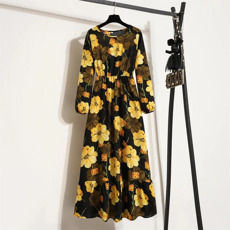Spring Summer Women Maxi Dresses Casual Full Sleeve Floral Printed O-neck Woman Bohe Beach Party Long Dress Mujer Vestidos
