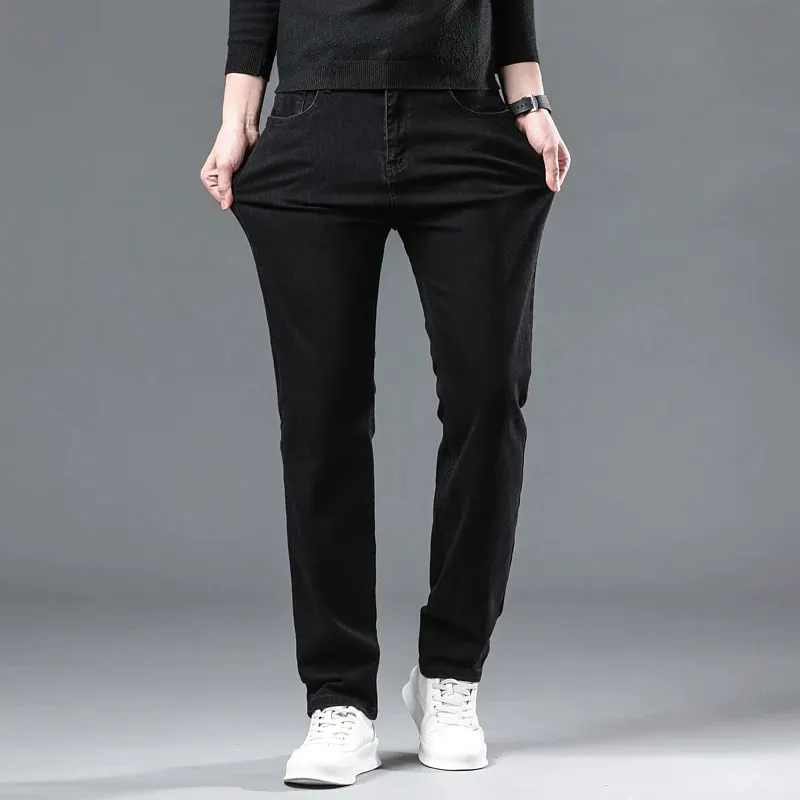 Lelaki Hitam Musim Gugur Seluar Jeans Lurus Kasual Stretch Klasik Seluar Denim Fit Biasa Seluar Denim Selesa Lelaki