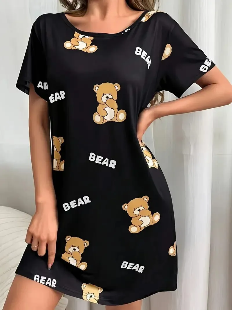 Women's Spring/Summer Fashion Bear Print Mid-Length Dress - Suitable for Daily Wear