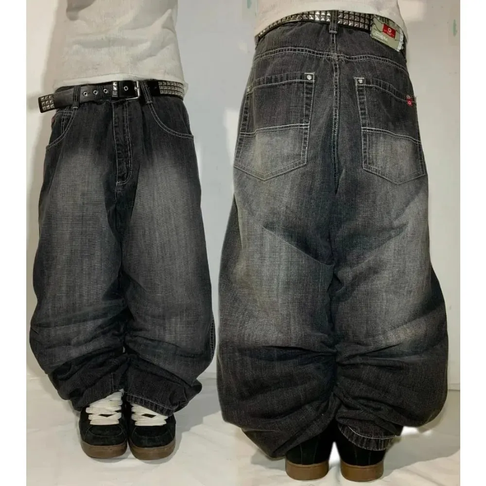 Fashion Gothic New Black Solid Color Washed Old Casual Jeans Men Y2K Street Cloth Vintage Popular High Waist Loose Wide Leg Pant