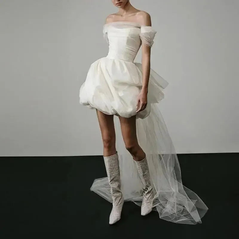 New Elegant Lightweight Wedding Dresses for Women White Sexy Bridal Mini Dress with Mesh Trailing Bridal Luxury Party Vestidos