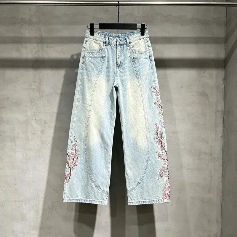 Blue Vescartes Cherry Blossom Knight Loose Straight Jeans High Quality Men Women Streetwear Fashion Denim Trousers Leather Label