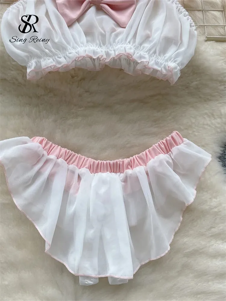 Bow Sheer Japan Style Erotiska kostymer Damunderkläder Marinblå krage Ärmlösa toppar+chiffongtrosor Söta sexiga underkläder