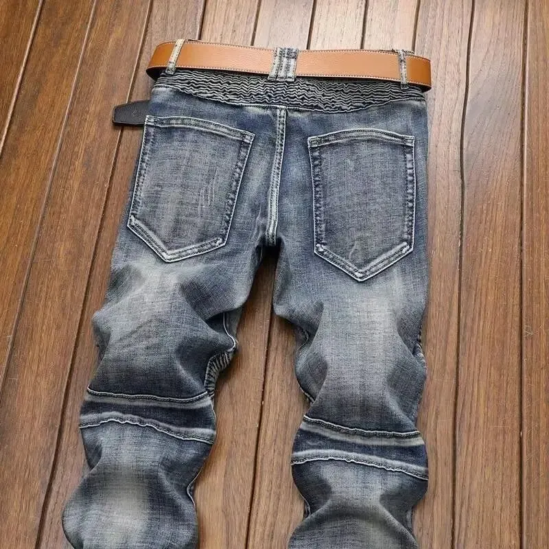 Spring and Autumn 2026 Men's Ripped Jeans Men's Trendy Brand Retro Old Splicing Slim Pants Korean Beggar Motorcycle Pants Men