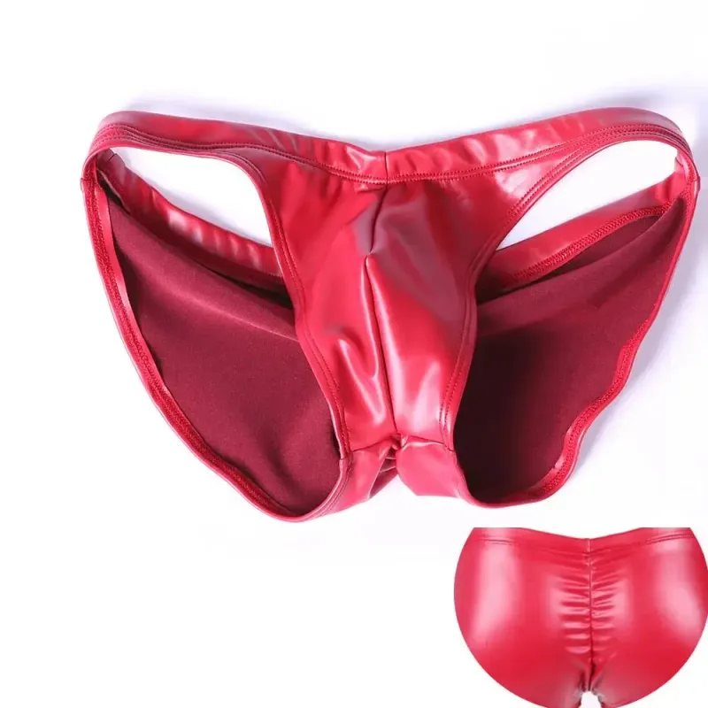Oil Glossy Swimming Briefs PU Lather Elastic Low-rise Buttocks-Lifting Slip Bikini Shirring Crotch Seam Underwear Bathing Shorts