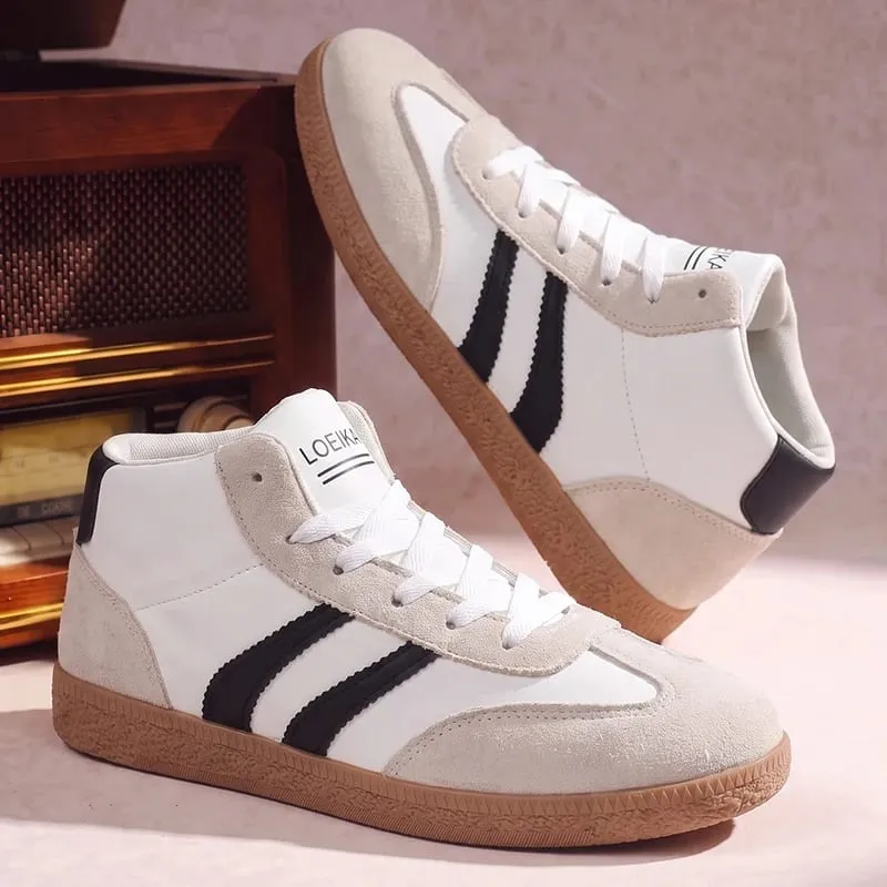Unisex High Top Retro Sneakers Striped Patchwork Lace‑up Soft Rubber Sole Daily Casual Board Shoes for Men Women