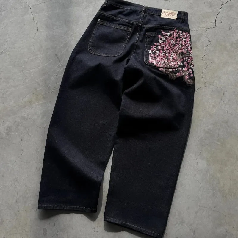 Y2K Baggy Jeans Cherry Blossom výšivka Džínové kalhoty Muži Ženy American Hiphop Streetwear Široká noha džínové kalhoty