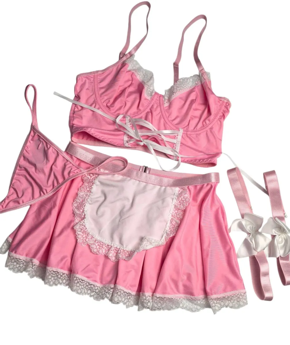 4Pcs/set Sexy Pink Lingerie Maid Underwear Lace Push Up Bra And Thongs Bandage Mini Dress For Women Role Play Outfits Sleepwear