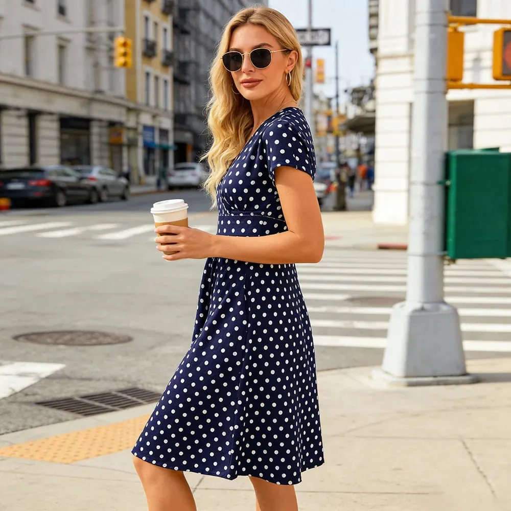 Women's V-Neck Wrap Dress with Pockets Short Sleeve Polka Dot Casual Summer Dress