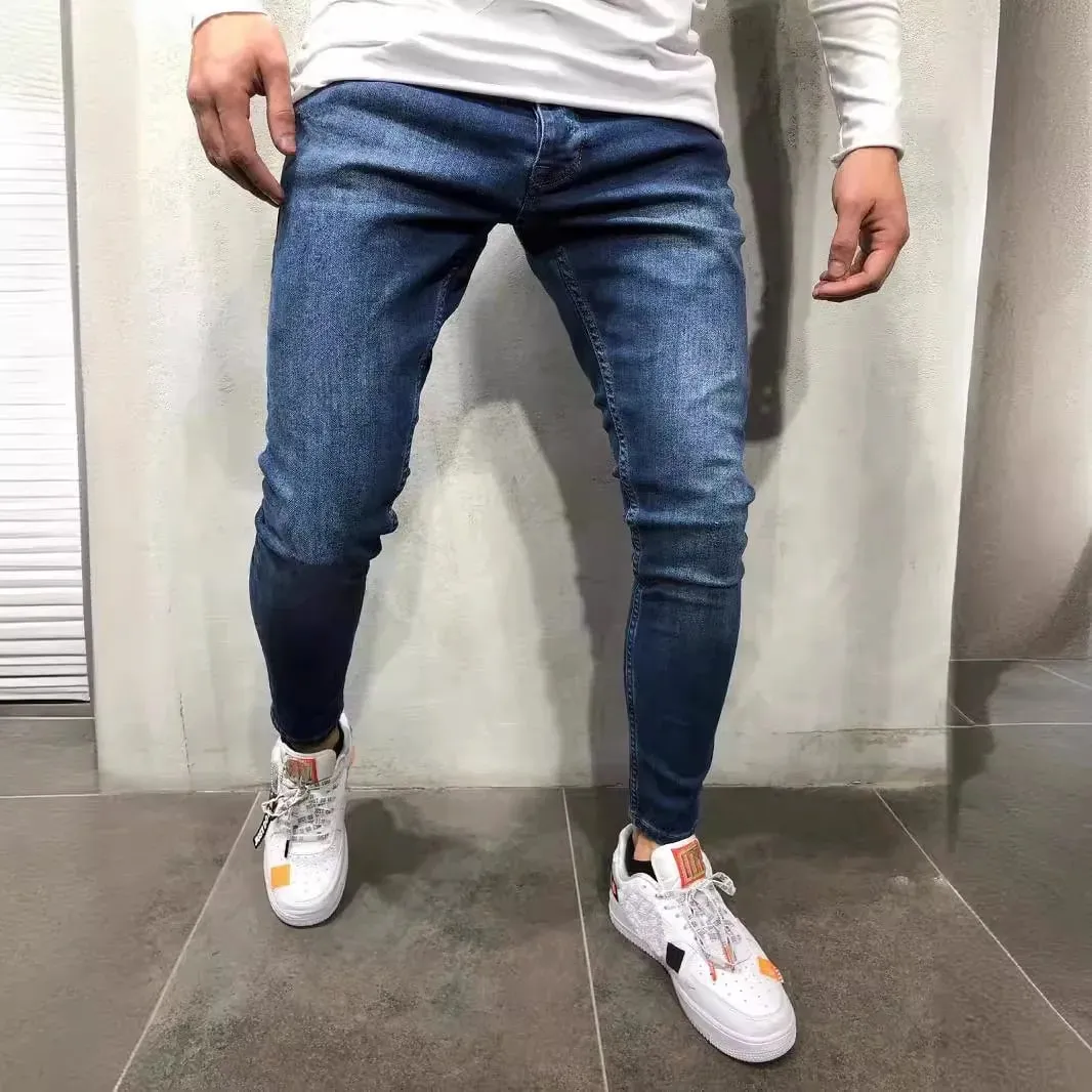 Men New Trendy Slim Fit High Waist Denim Pants Washed Straight‑Leg Casual Jeans For Men