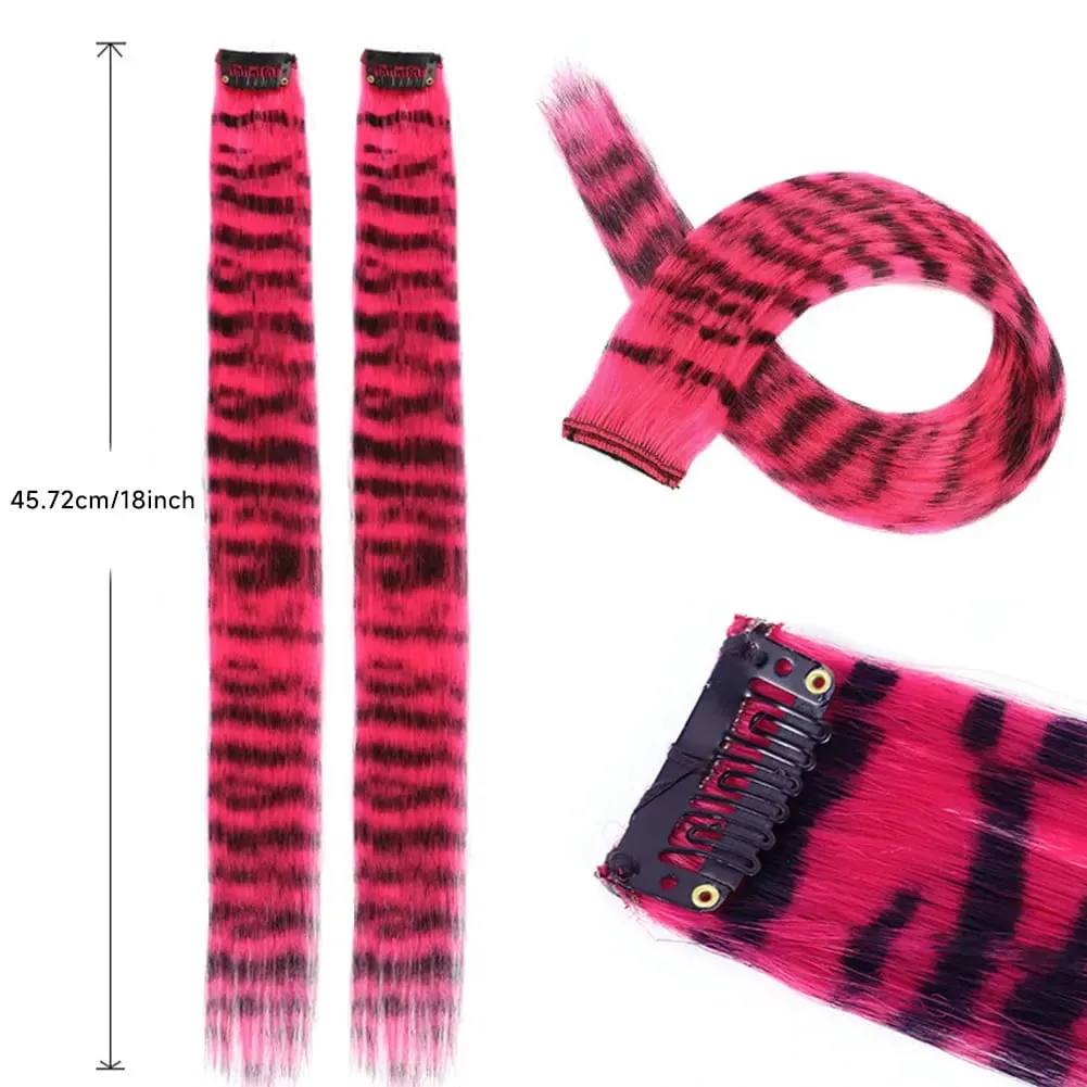 1Pc Clip-in Stripe Printed Synthetic Hair Colorful Long Straight Hair Pieces clip in Hair Extensions for Daily or Christmas wear