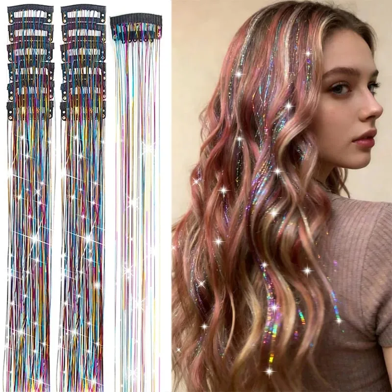 20 Inch Synthetic Hair Extensions -12 Piece Set of Colorful Glitter Hair Accessories Suitable for Girls' Party Birthday Gifts