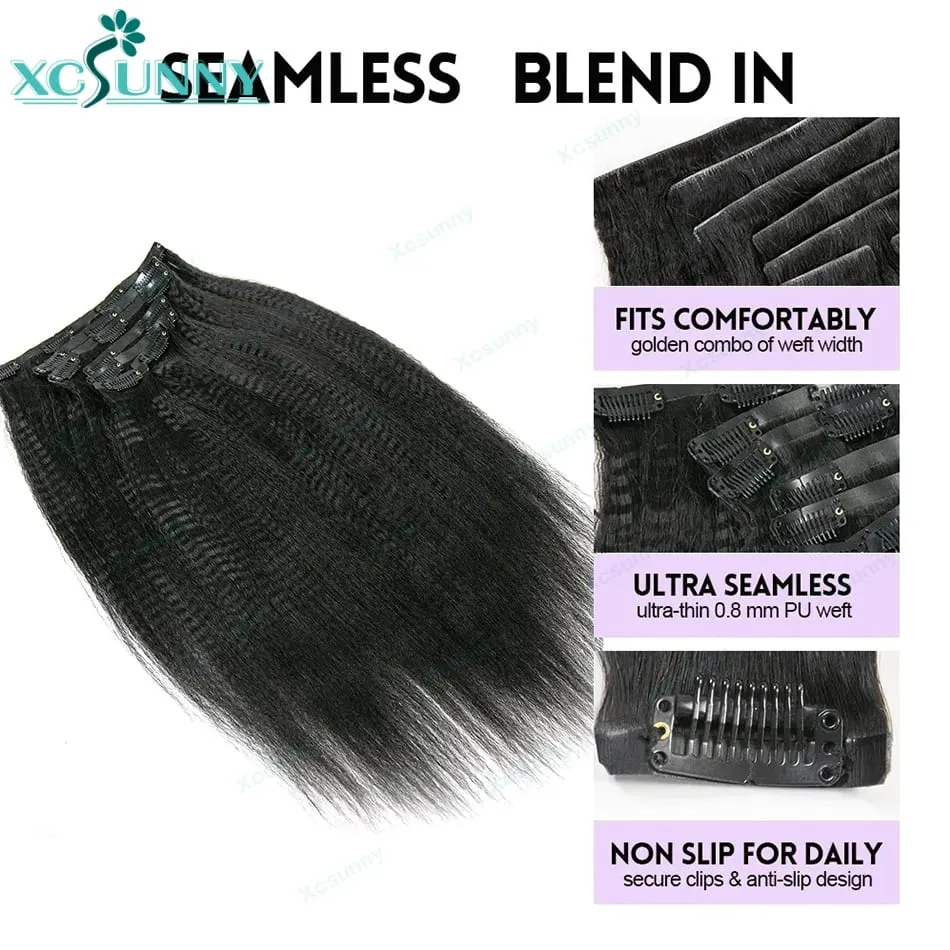 Clip de borde invisible en extensiones de cabello humano Yaki, cinta de PU recta inyectada, Clip de trama en extensiones de cabello, 7 unids/set, Clip en el cabello