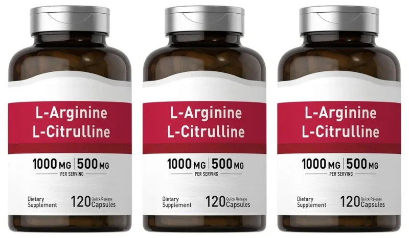 Cápsulas de suplemento de aminoácidos com contagem de 120 fornecem energia e suporte para uma vida saudável com 1000 mg de L-Arginina e 500 mg de L-Citrulina