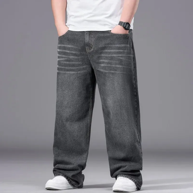 Plus Size Men's High Waist Straight Leg Jeans Four Seasons Loose Baggy Denim Trousers Casual Versatile Long Pants New