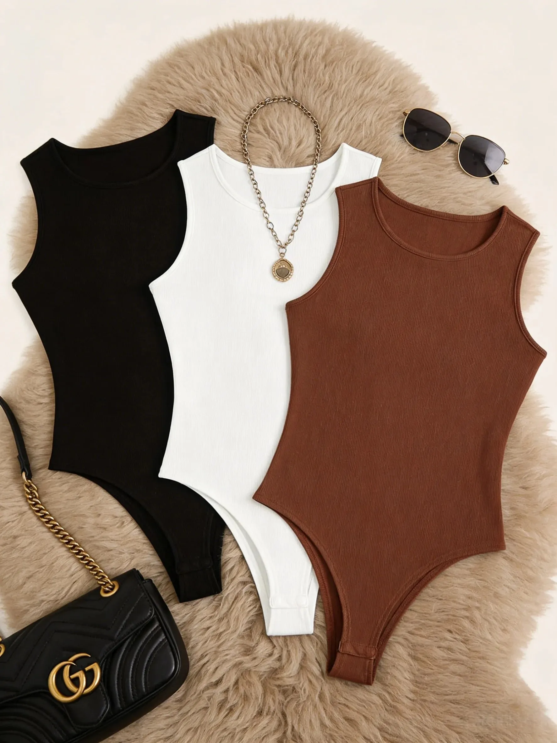 Women 3 Pack Solid Ribbed Round Neck Bodysuit Casual Sleeveless Form Fitting One Piece Bodysuit Set