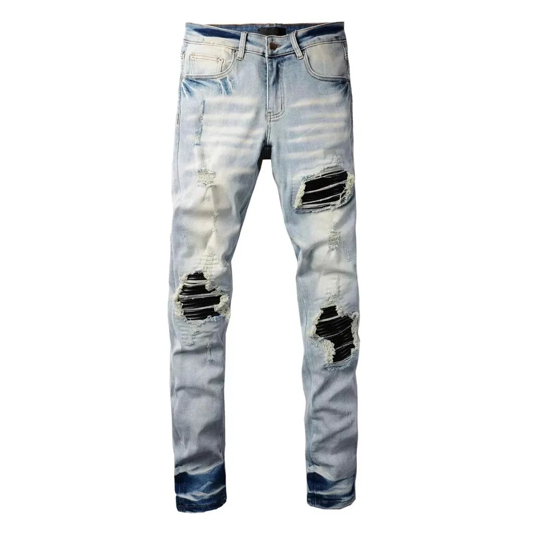 American Street Hip-hop Trend Ripped Hole High Street Small Foot Slim fit Tight Fitting Men's Jeans